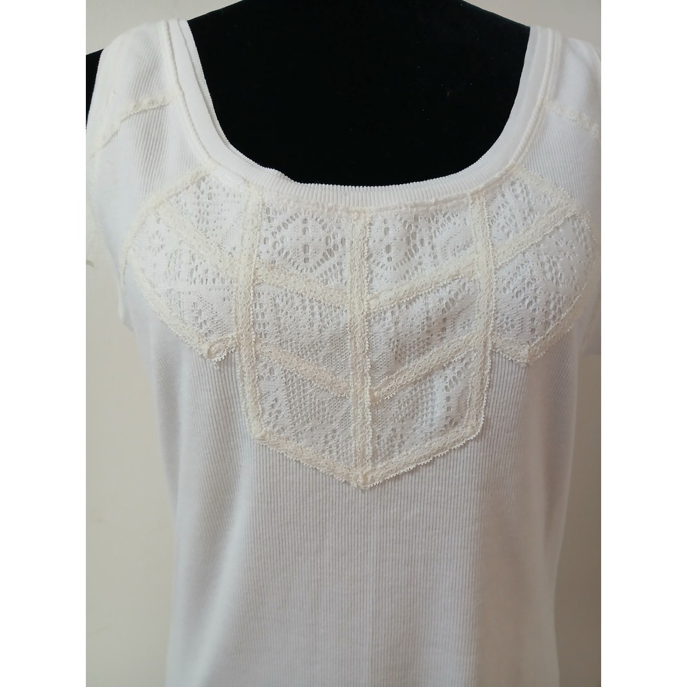 Democracy Womens White Ribbed Tank Top Lace Yoke Scoop Neck Sleeveless Large